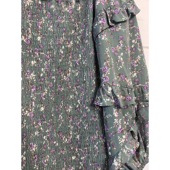 Petal & Pup Size 12 Smocked Midi Dress Green With Purple Floral Flirty Cute - Picture 2 of 7
